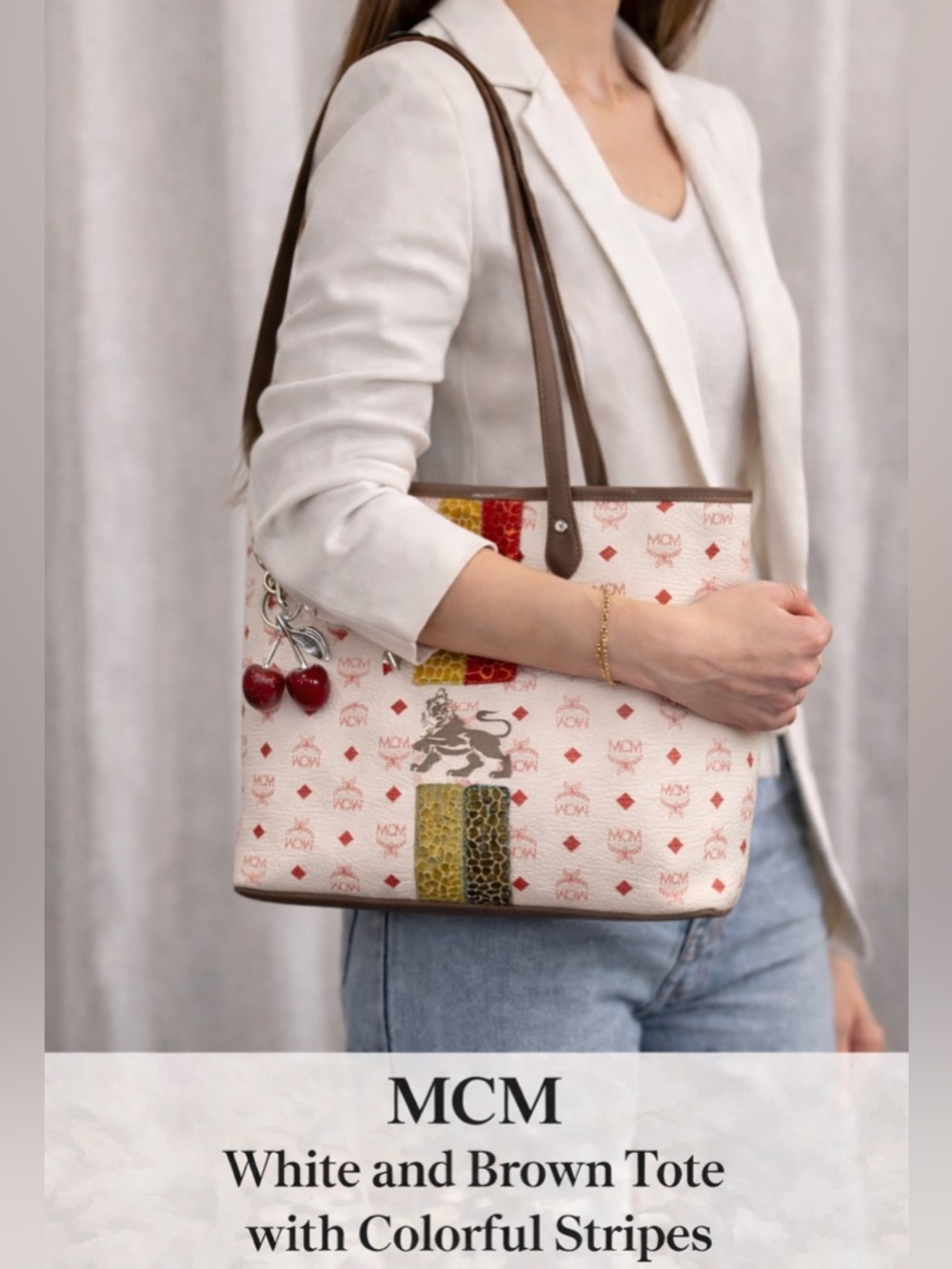 MCM White and Brown Tote with Colorful Stripes